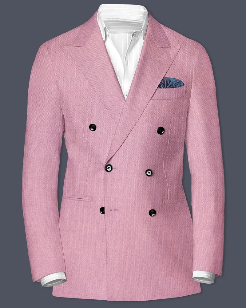 Viola Pink Solid Wool Rich Double Breasted Slight Stretch Blazer 1
