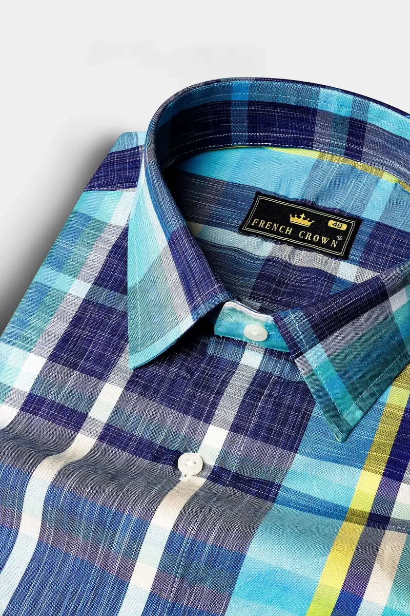 Violent Blue And Citrine Yellow Checked Premium Cotton Shirt 1