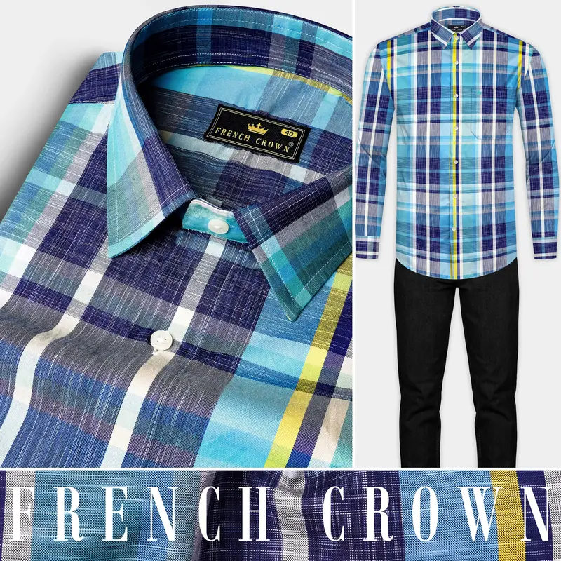 Violent Blue And Citrine Yellow Checked Premium Cotton Shirt 10