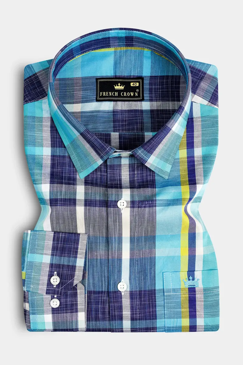 Violent Blue And Citrine Yellow Checked Premium Cotton Shirt 3