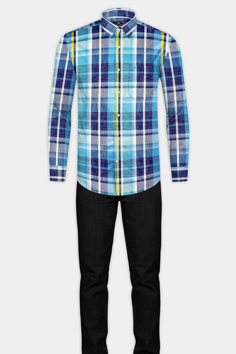 Violent Blue And Citrine Yellow Checked Premium Cotton Shirt 6