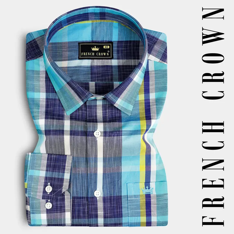 Violent Blue And Citrine Yellow Checked Premium Cotton Shirt 7
