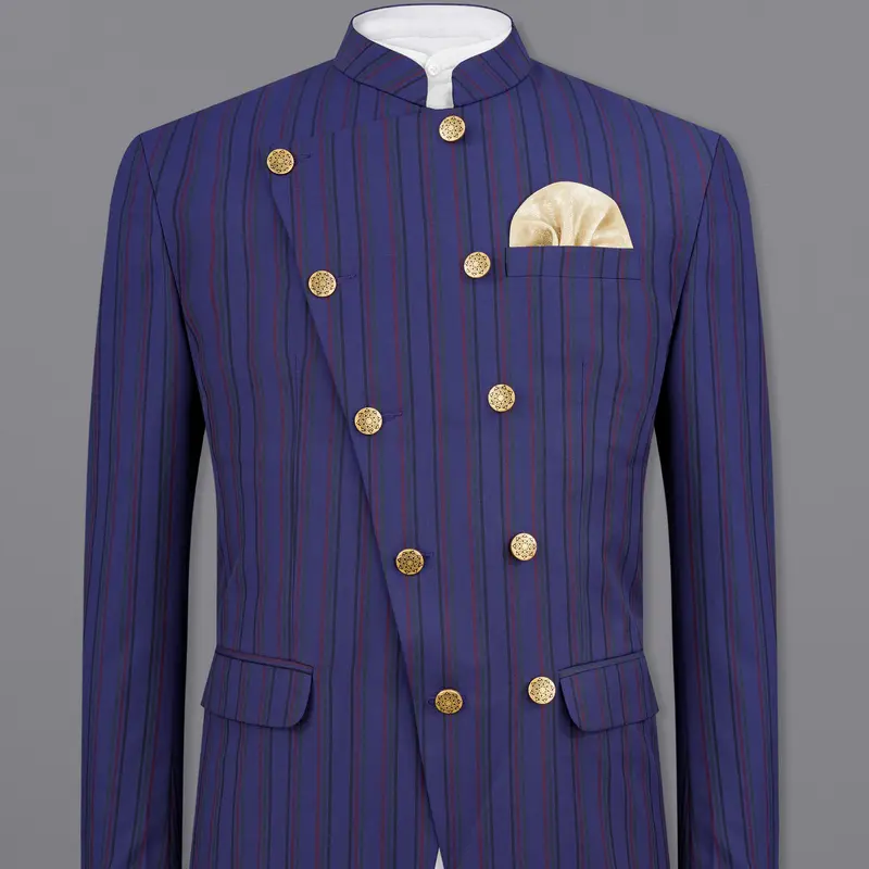 Violent Blue Multicolour Striped Cross Placket Bandhgala Blazer 1