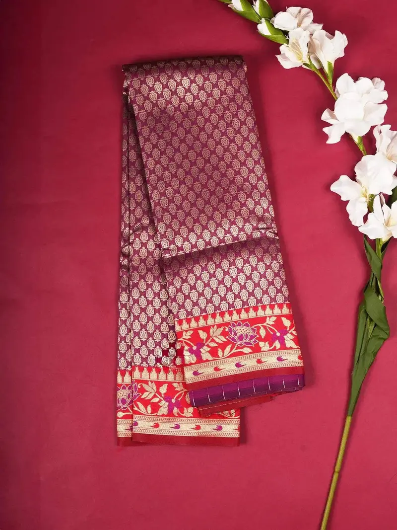 Violet Art Silk Saree With Small Floral Grid Design On The Body With Contrast Designed Border 1