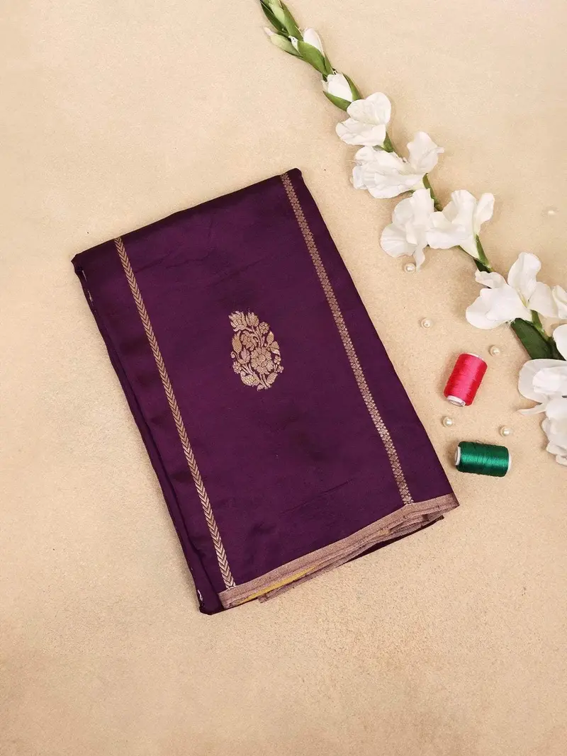 Violet Banarasi Saree With Plant Motif And Stripes On The Body And Zari Border 1