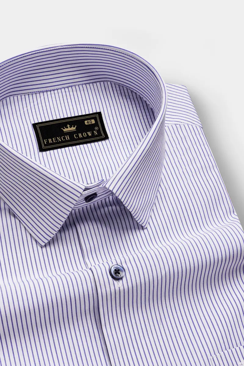Violet Blue And Bright White Striped Premium Giza Cotton Dress Shirt 1
