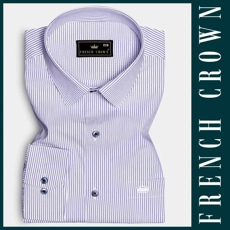 Violet Blue And Bright White Striped Premium Giza Cotton Dress Shirt 6