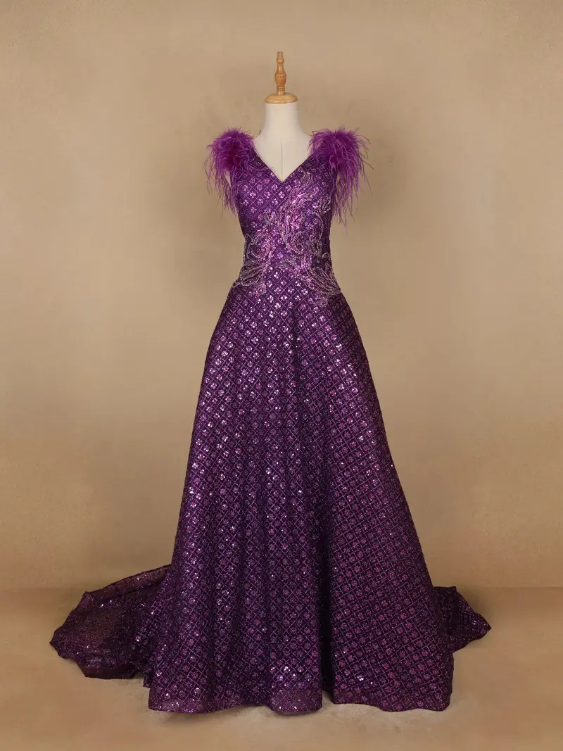 Violet Floral And Sequins Worked Net Party Wear Gown 1