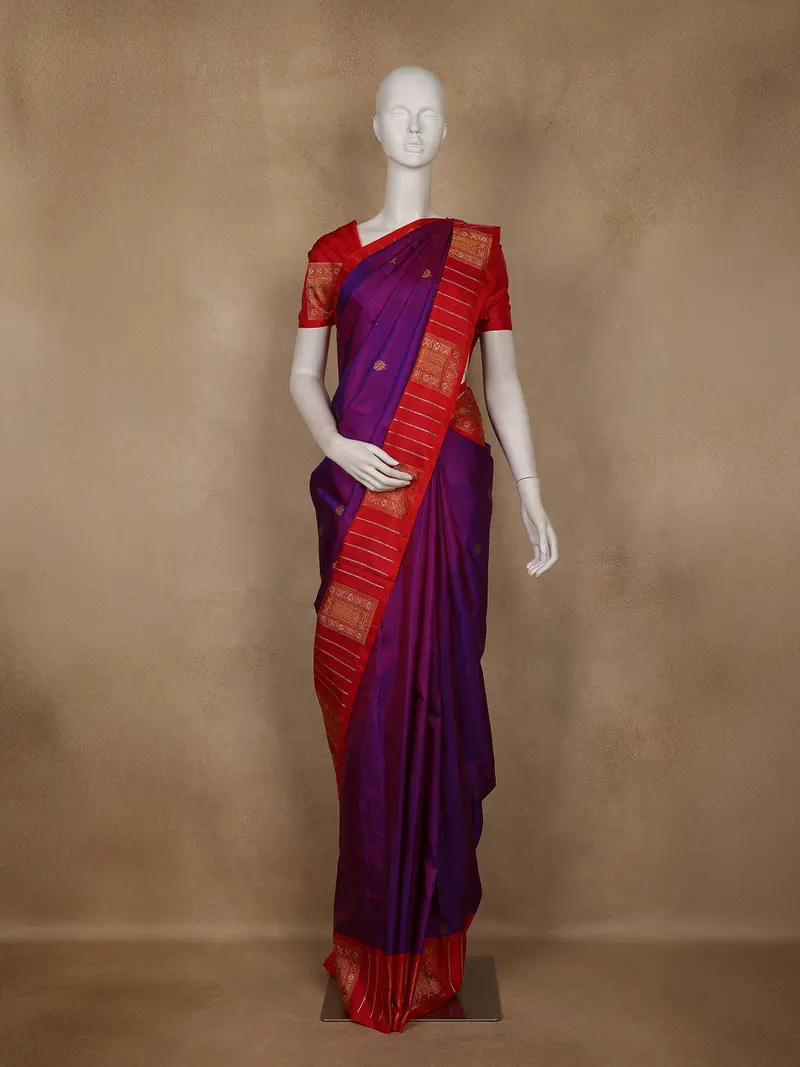 Violet Floral Butta Woven Pure Kanchipuram Silk Saree 1