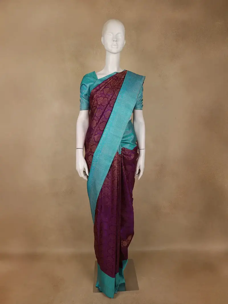 Violet Floral Checks Woven Pure Kanchipuram Silk Saree 1