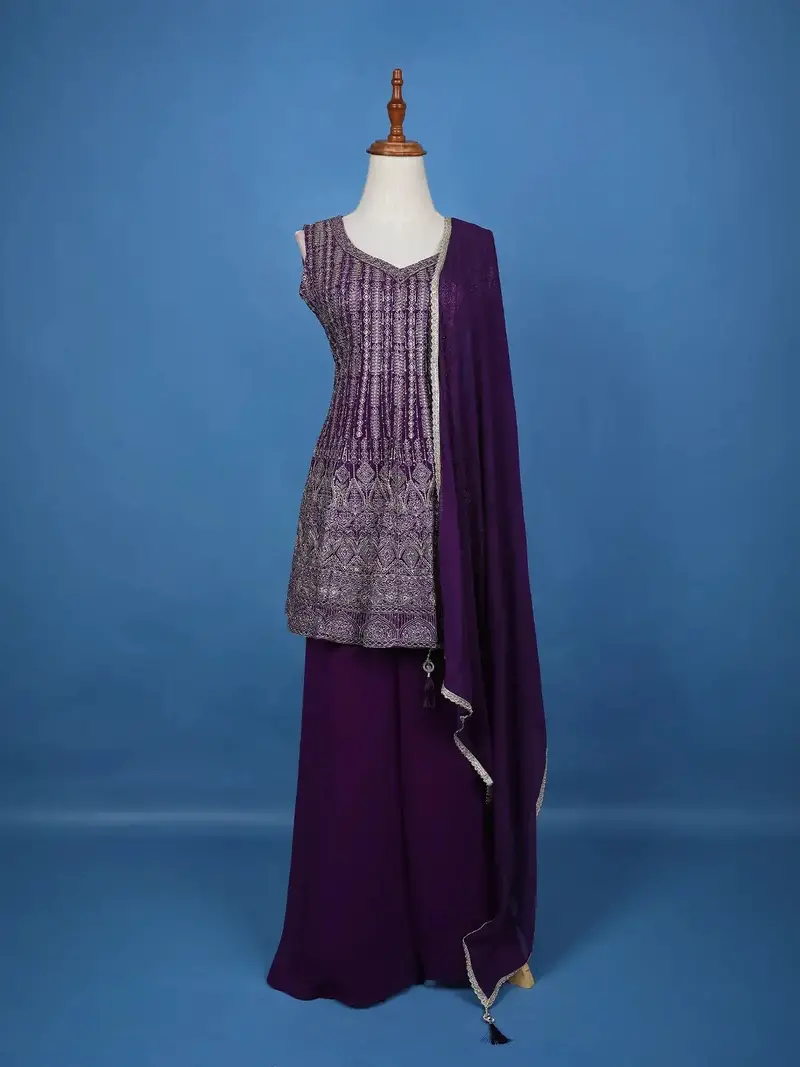 Violet Floral Embroidered Georgette Palazzo Suit 1