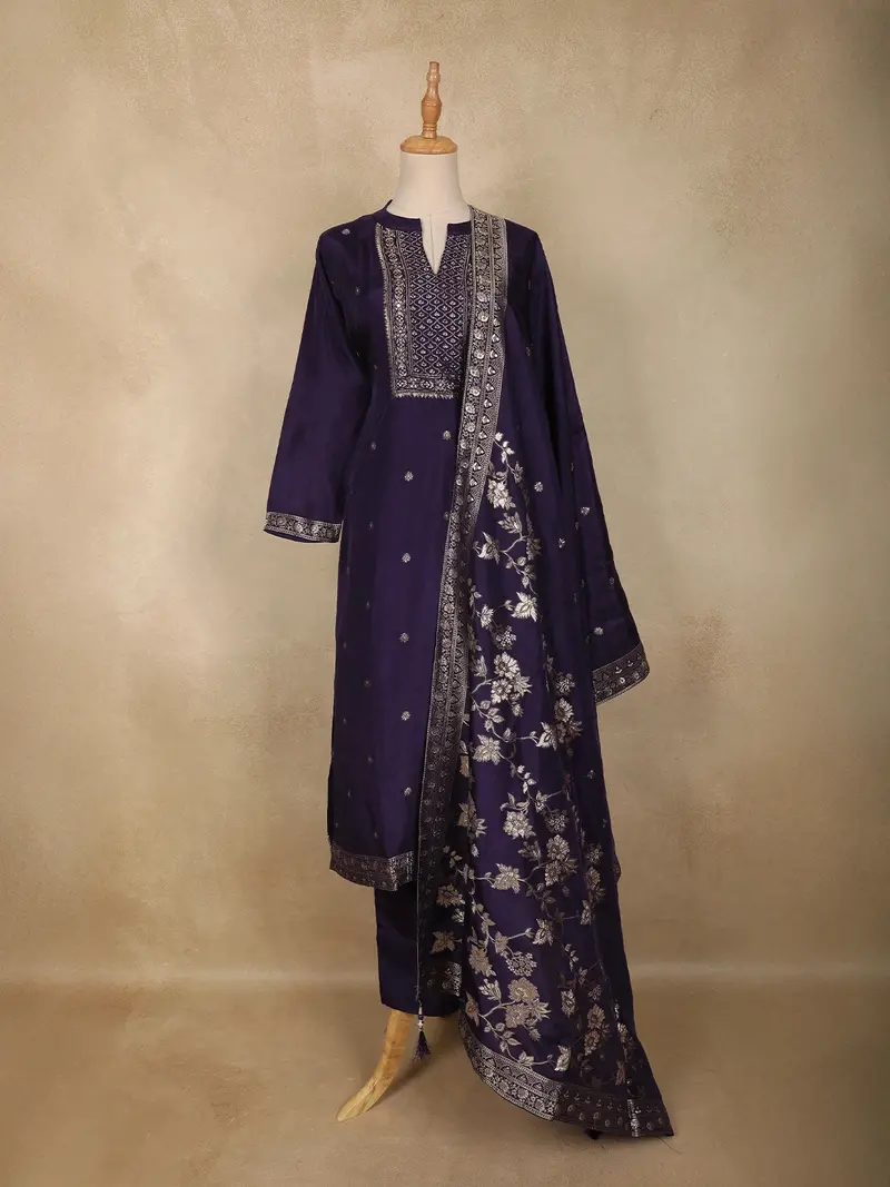Violet Floral Embroidered Silk Straight Suit With Silver Butta Dupatta 1