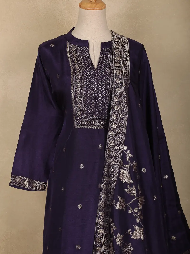 Violet Floral Embroidered Silk Straight Suit With Silver Butta Dupatta 2