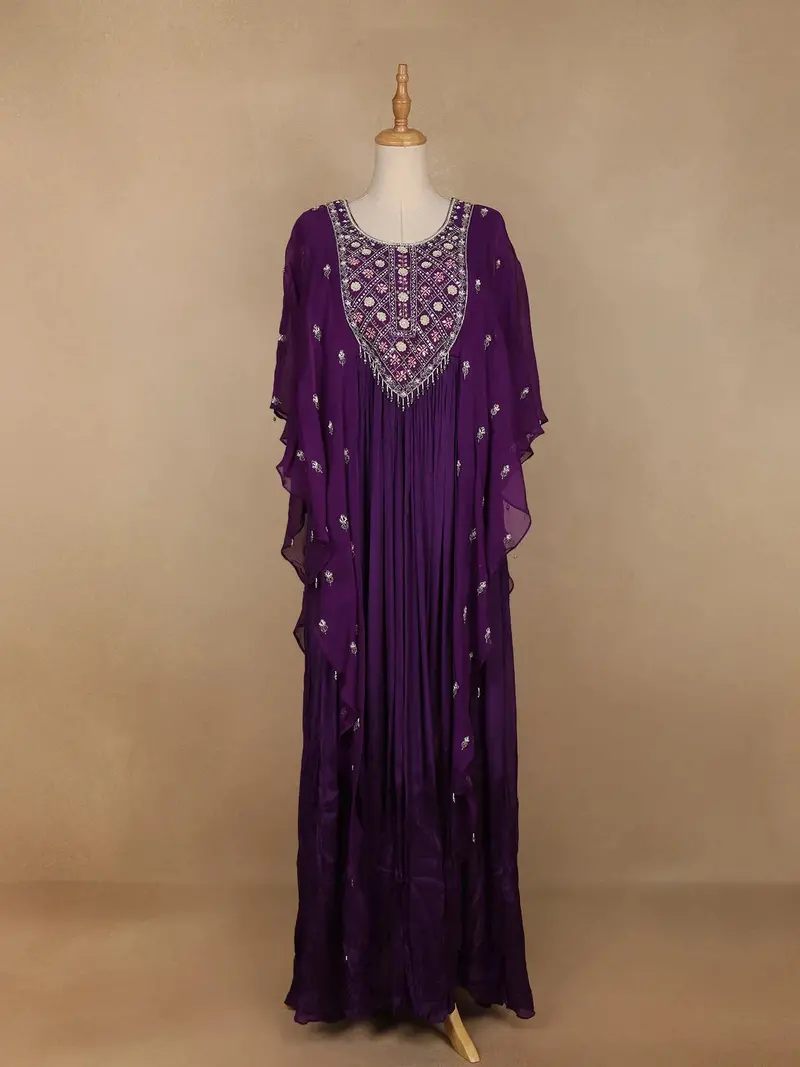 Violet Floral Embroidery Indowestern Crepe Gown 1