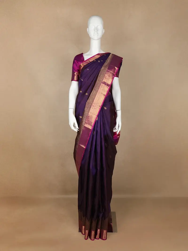 Violet Floral Motifs Pure Kanchipuram Silk Saree 1