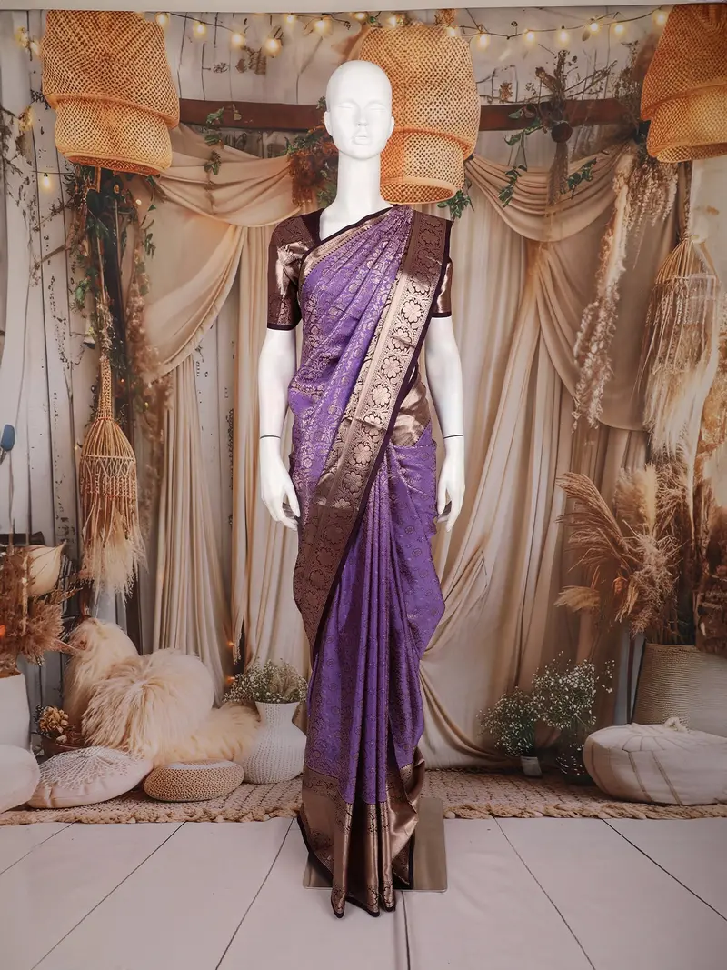 Violet Floral Woven Design Pure Kanchipuram Silk Saree With Contrast Border 1
