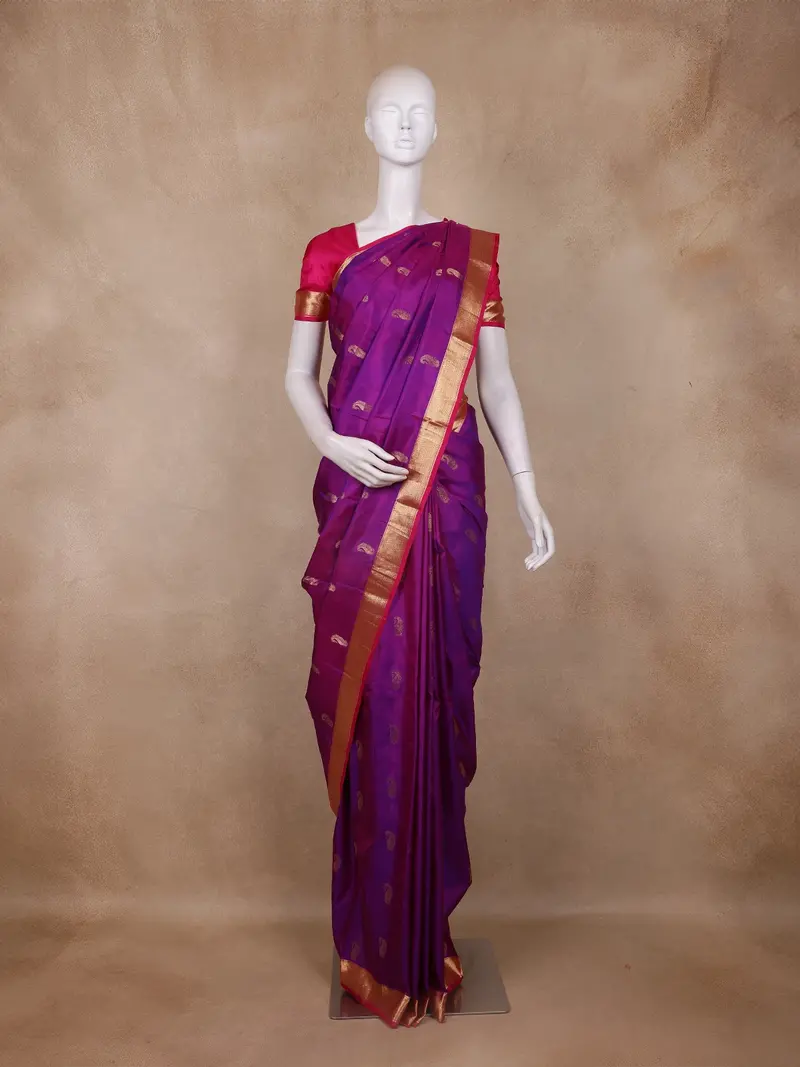 Violet Paisley Woven Kanchipuram Silk Saree With Zari Border 1