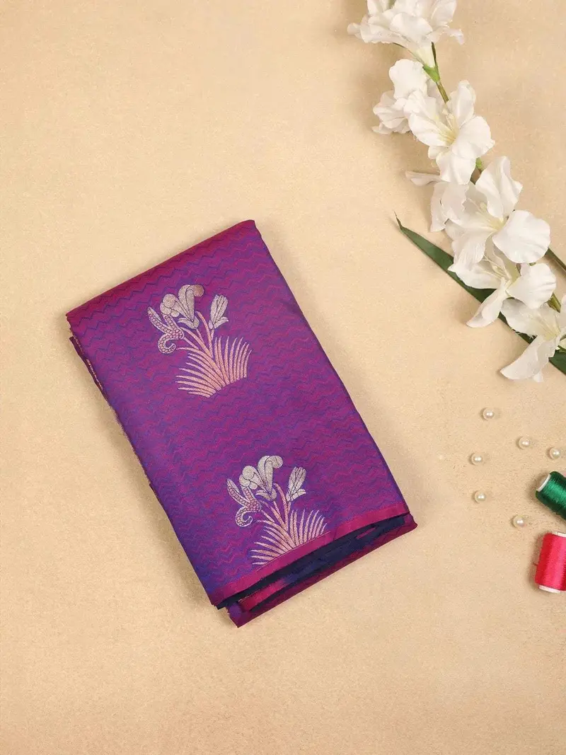 Violet Pure Kanchipuram Bridal Silk Saree With Floral Plant Design On The Body And Without Border 1
