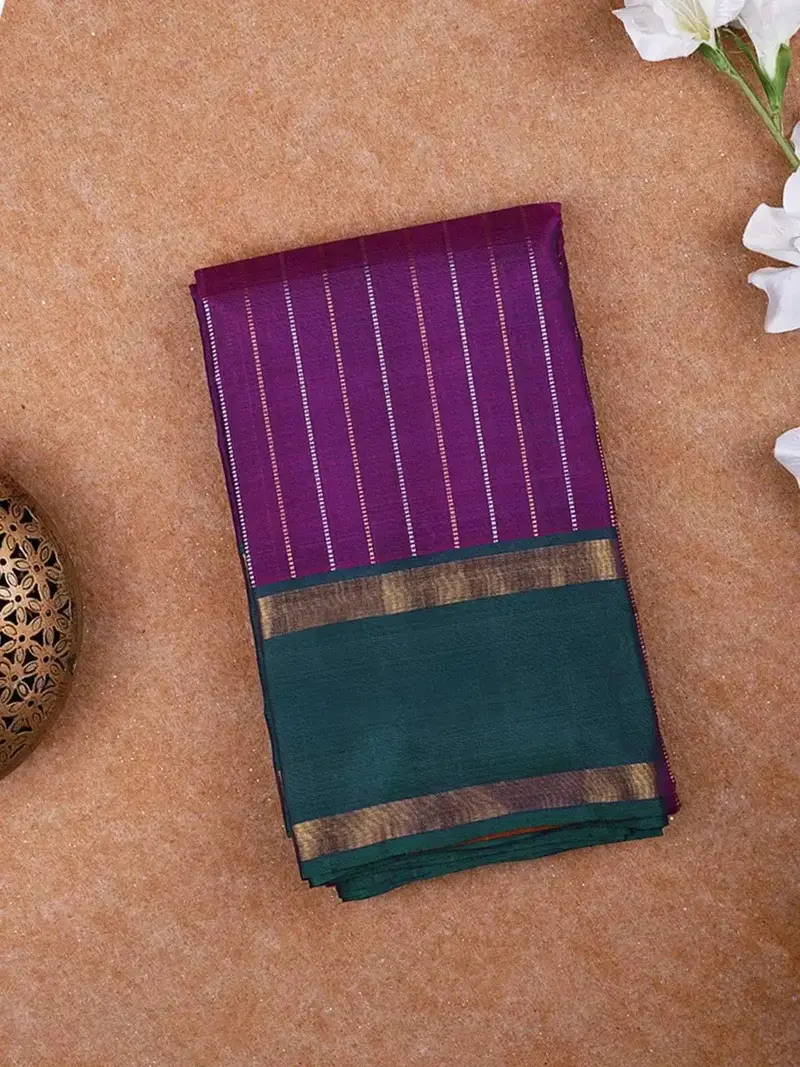 Violet Pure Kanchipuram Bridal Silk Saree With Stripes Design With Contrast Border 1