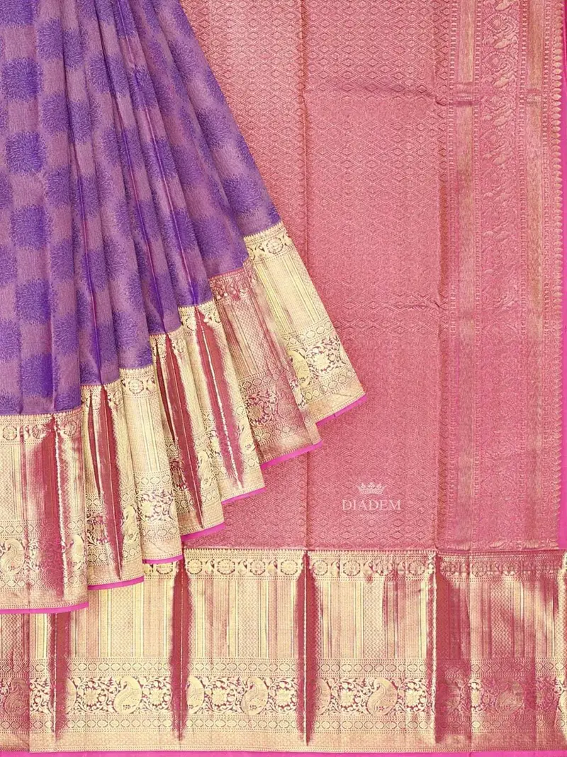 Violet Pure Kanchipuram Saree With Floral Design On The Body And Zari Border 1