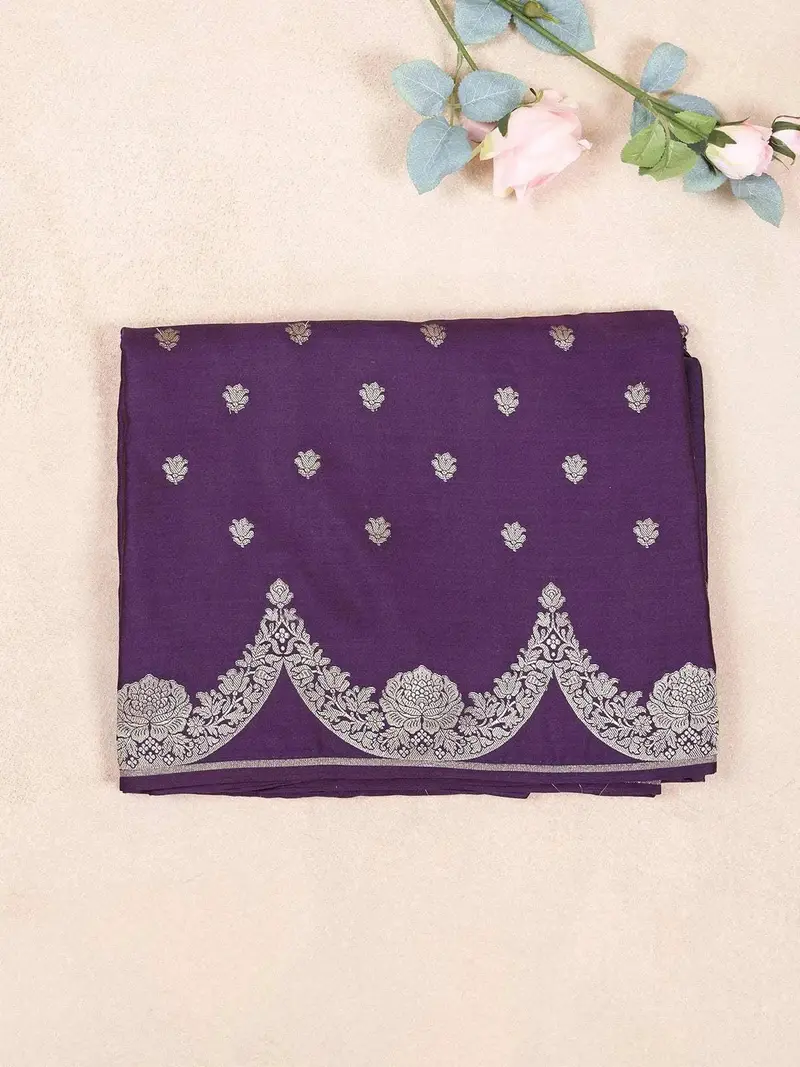 Violet Semi Banarasi Saree With Floral Designs On The Body And Zari Border 1