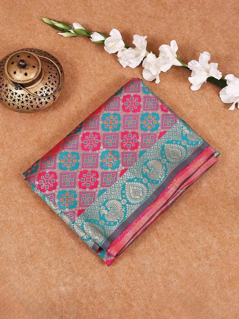 Violet Semi Banarasi Saree With Geometric Design On The Body With Designed Border 1