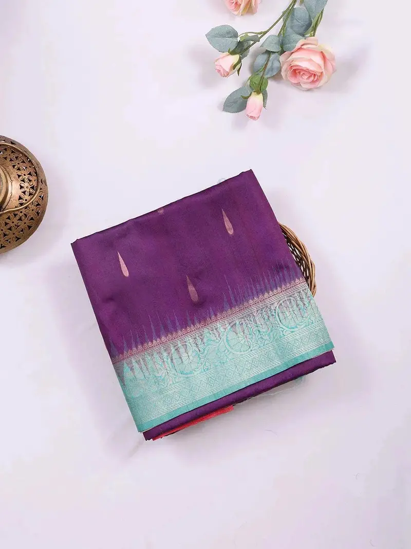 Violet Semi Tussar Silk Saree With Rain Drop Design On The Body Without Border 1