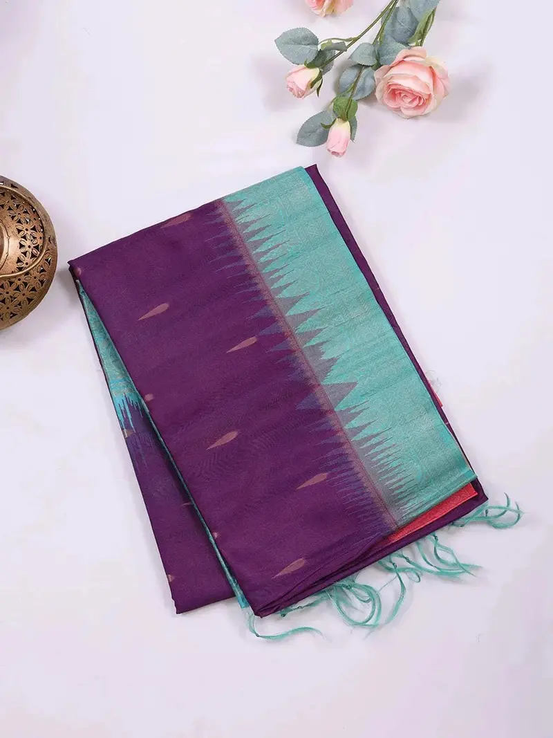 Violet Semi Tussar Silk Saree With Rain Drop Design On The Body Without Border 2