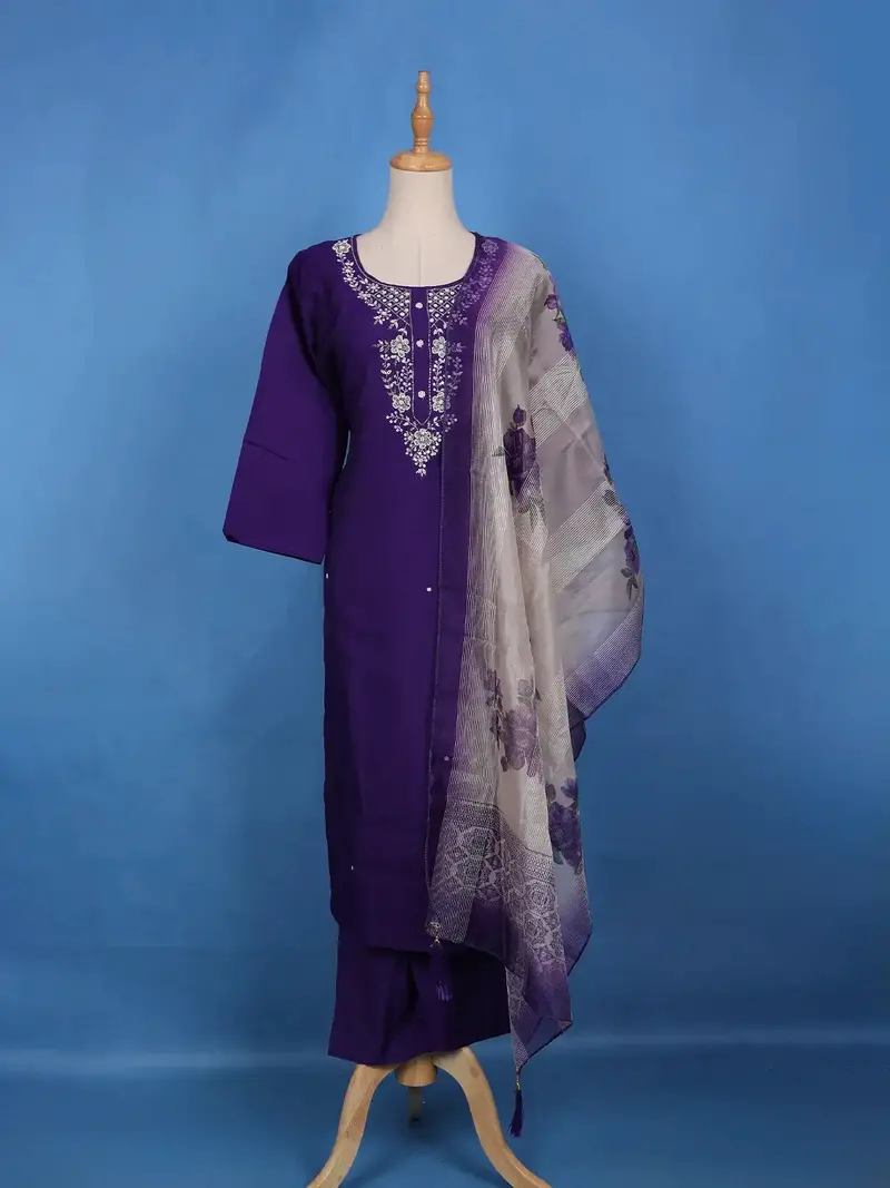 Violet Sequins Floral Printed Satin Salwar Suit 1
