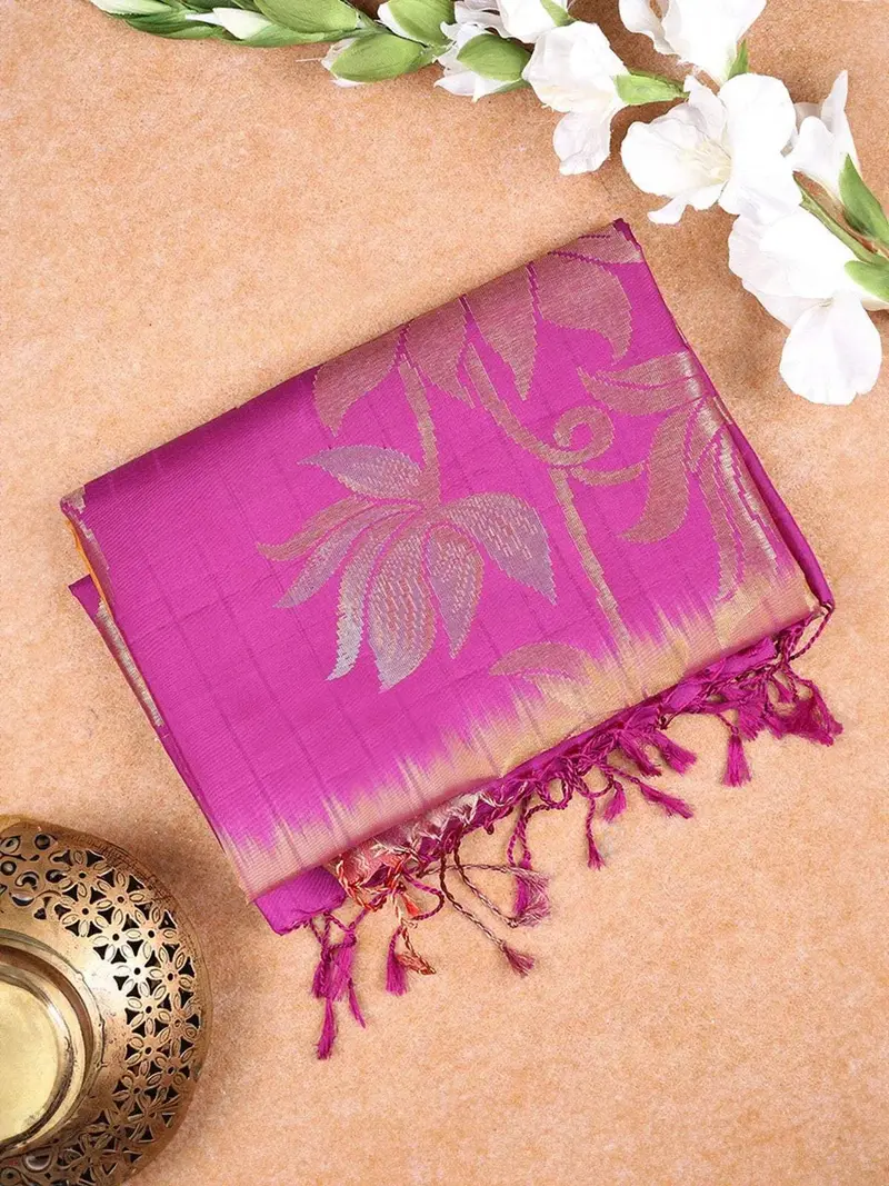 Violet Soft Silk Saree With Plain Body Design With Flower Designed Contrast Border 1