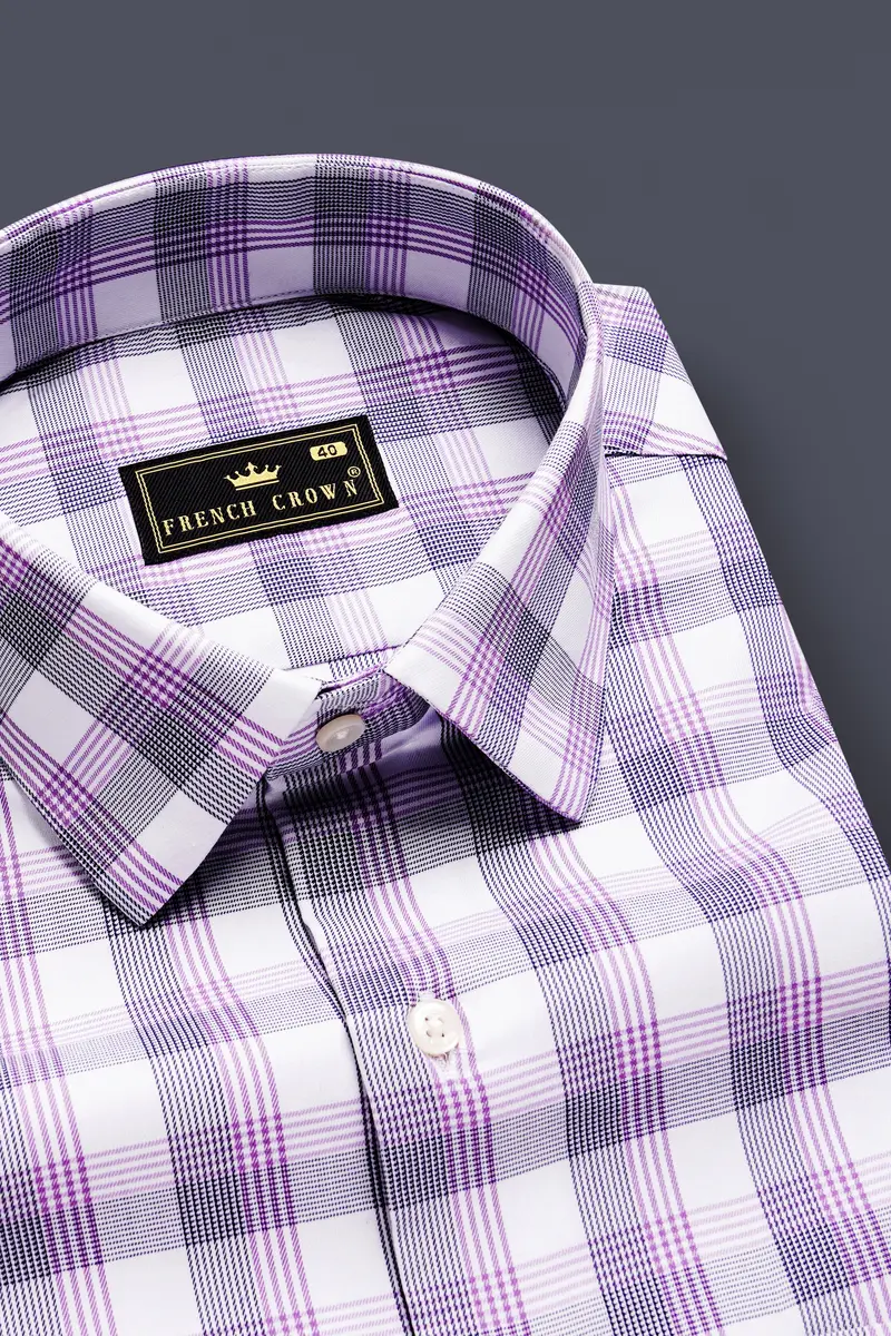 Violetloom-Wisteria Purple And Bright White Plaid Dobby Textured Premium Giza Cotton Dress Shirt 1