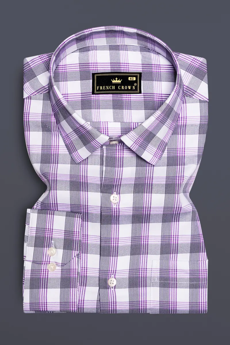 Violetloom-Wisteria Purple And Bright White Plaid Dobby Textured Premium Giza Cotton Dress Shirt 3