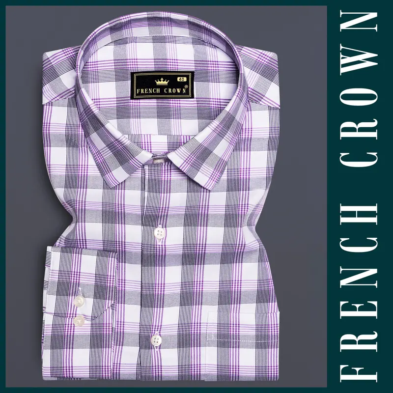 Violetloom-Wisteria Purple And Bright White Plaid Dobby Textured Premium Giza Cotton Dress Shirt 6