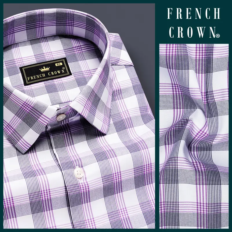 Violetloom-Wisteria Purple And Bright White Plaid Dobby Textured Premium Giza Cotton Dress Shirt 9