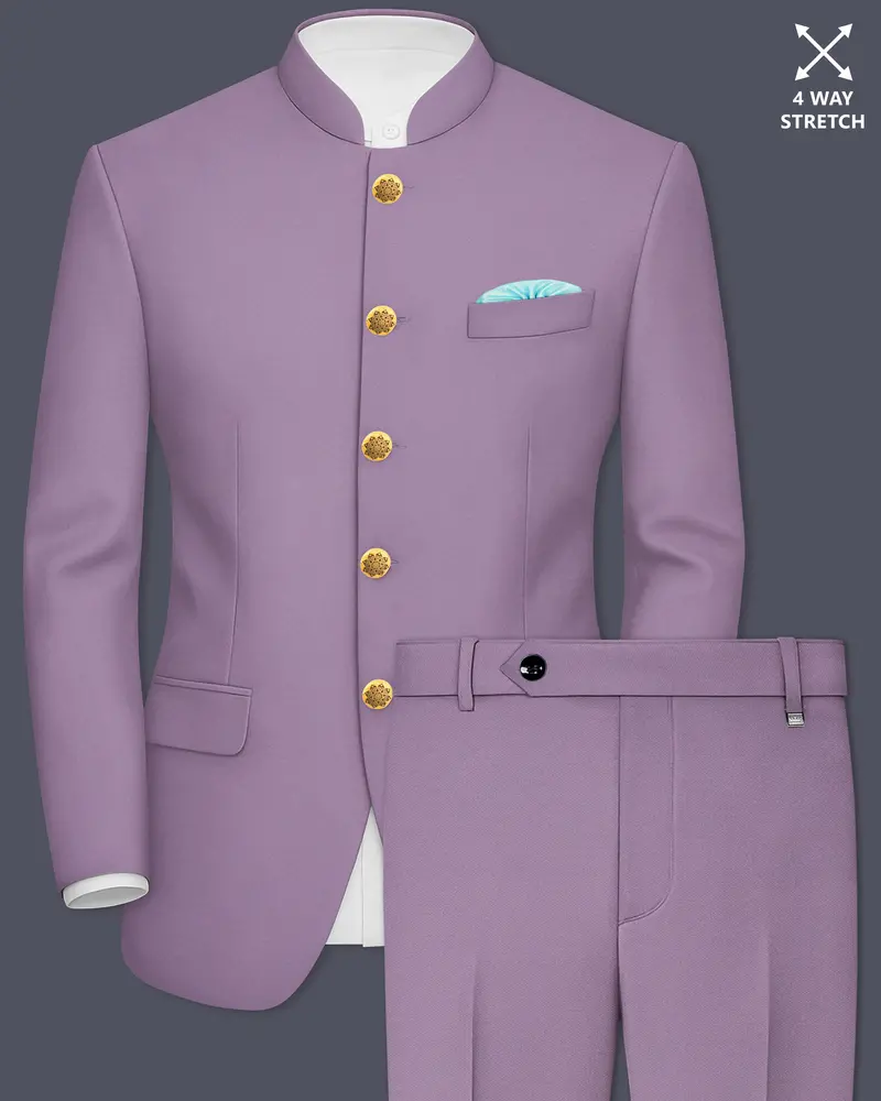 Violeto-Korean Mobster Purple 4-Way Stretch Wrinkle-Free Wool Rich Bandhgala Suit 1