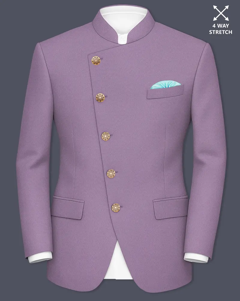 Violeto-Korean Mobster Purple 4-Way Stretch Wrinkle-Free Wool Rich Cross Placket Bandhgala Blazer 1
