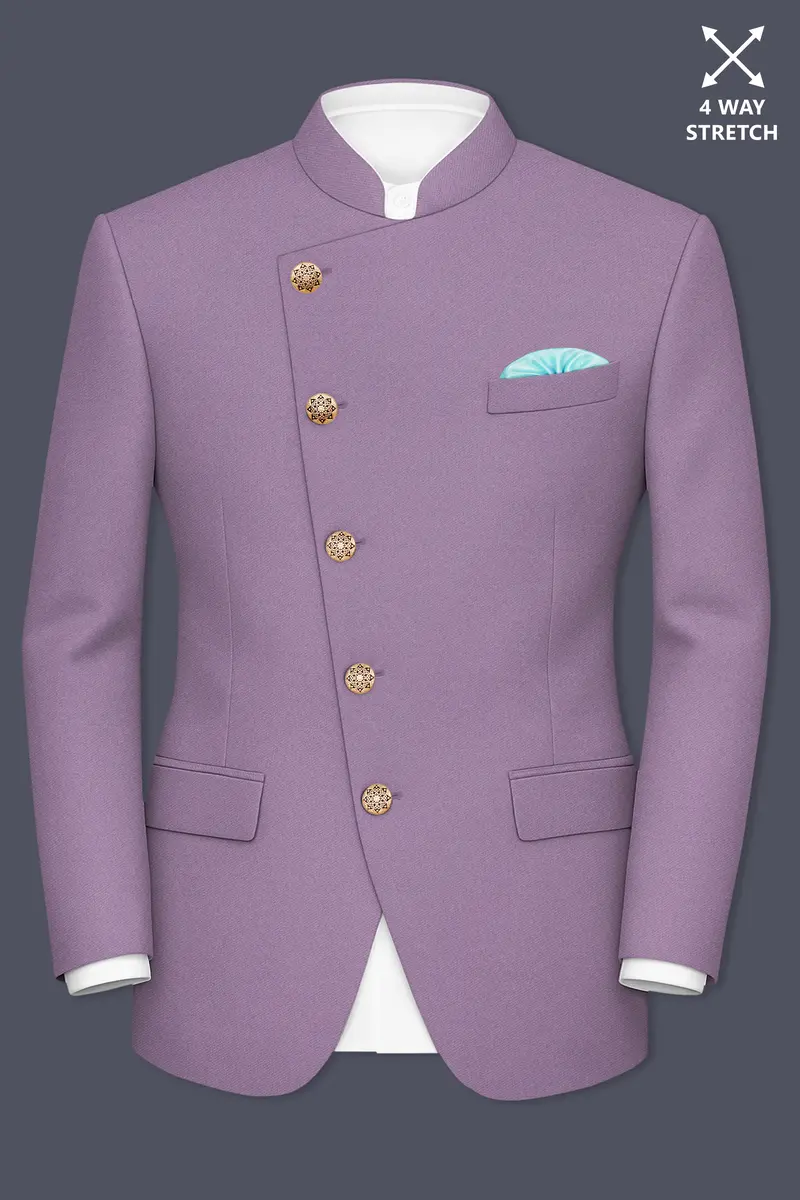 Violeto-Korean Mobster Purple 4-Way Stretch Wrinkle-Free Wool Rich Cross Placket Bandhgala Blazer 2