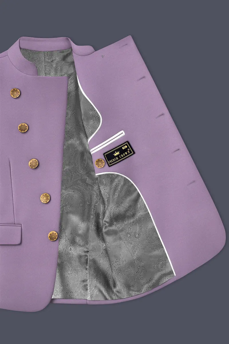 Violeto-Korean Mobster Purple 4-Way Stretch Wrinkle-Free Wool Rich Cross Placket Bandhgala Blazer 4