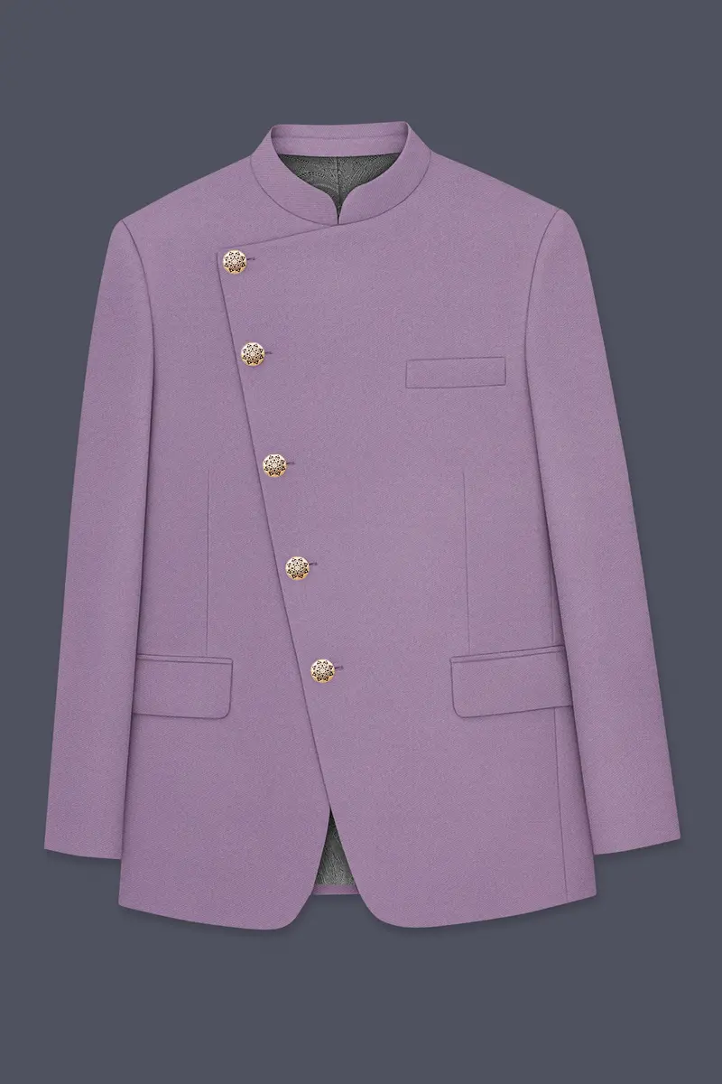 Violeto-Korean Mobster Purple 4-Way Stretch Wrinkle-Free Wool Rich Cross Placket Bandhgala Blazer 6