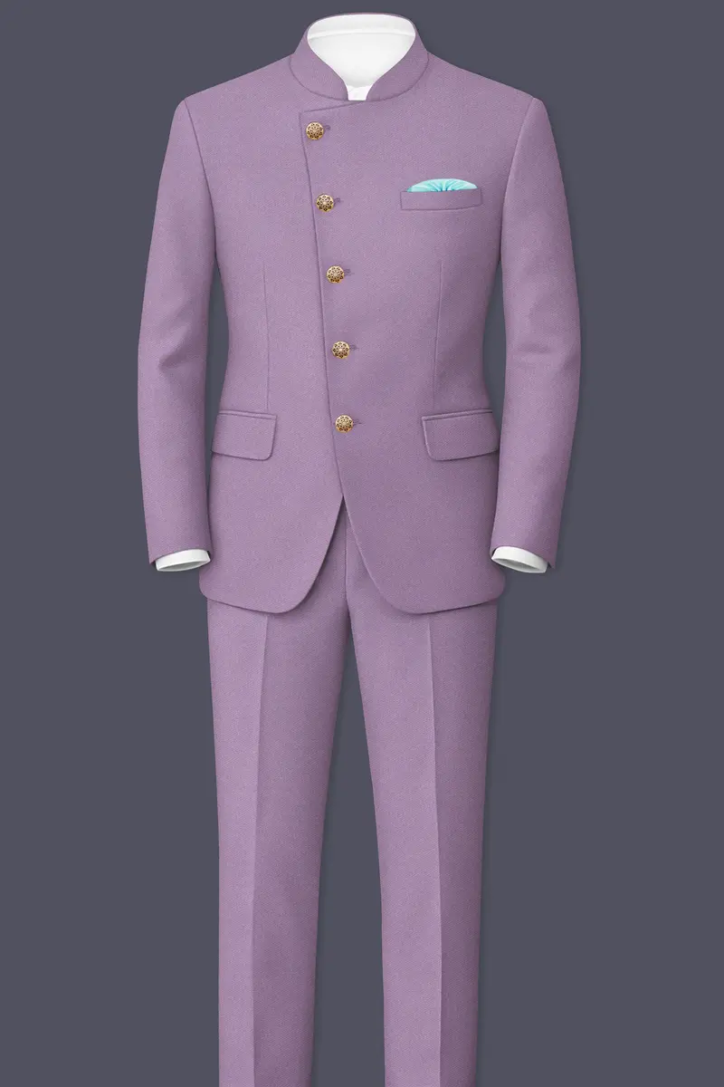 Violeto-Korean Mobster Purple 4-Way Stretch Wrinkle-Free Wool Rich Cross Placket Bandhgala Blazer 8
