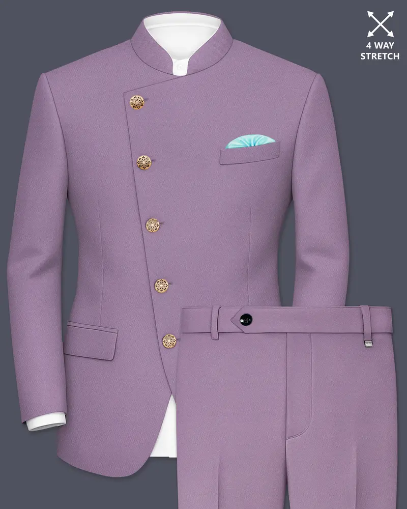 Violeto-Korean Mobster Purple 4-Way Stretch Wrinkle-Free Wool Rich Cross Placket Bandhgala Suit 1