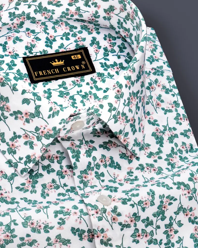 Virenza-Bright White With Spectra Green Ditsy Printed Super Soft Premium Cotton Semi Formal Shirt 1