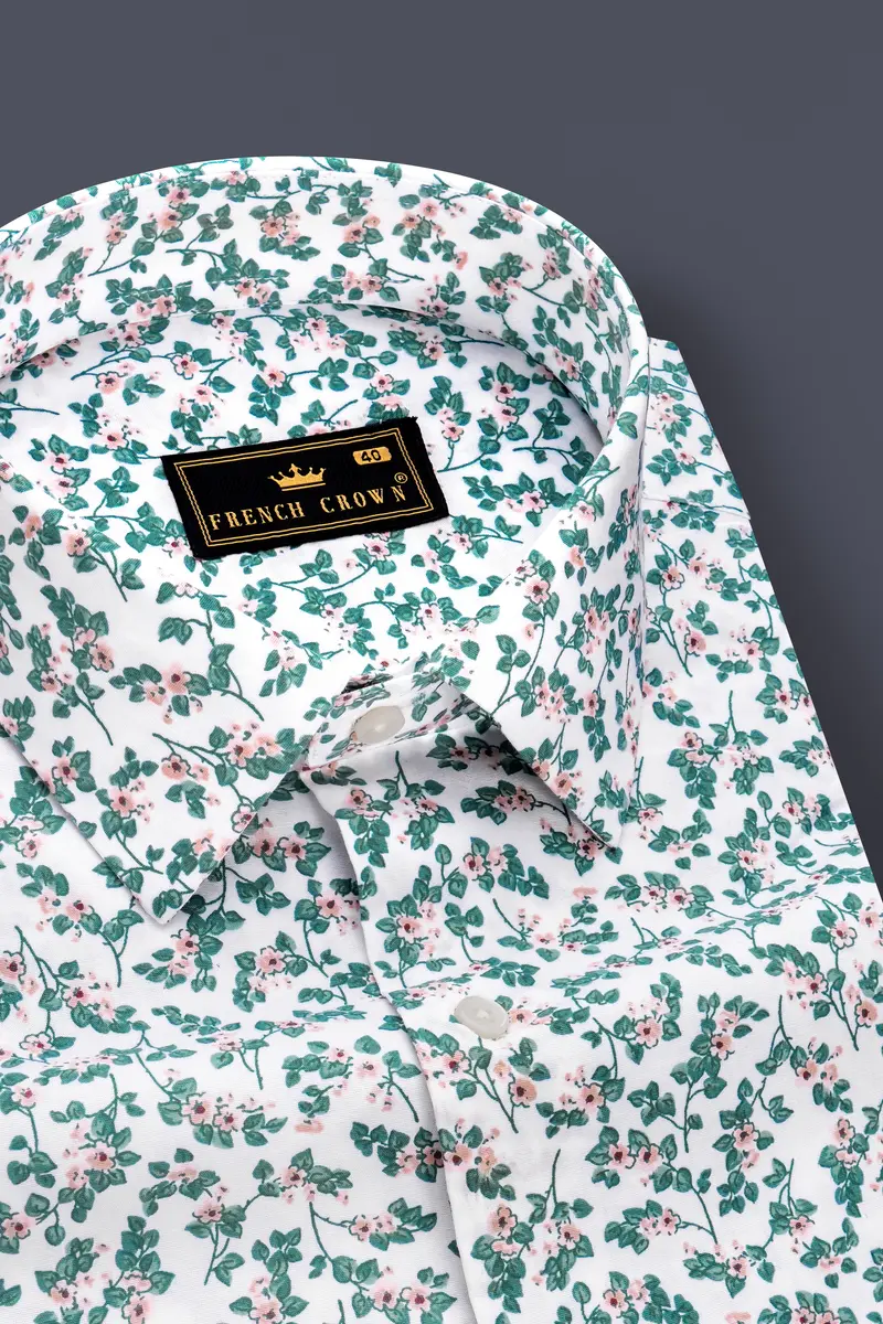 Virenza-Bright White With Spectra Green Ditsy Printed Super Soft Premium Cotton Semi Formal Shirt 2