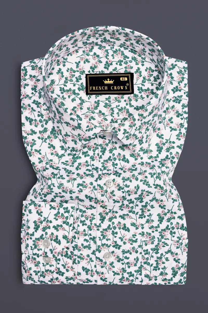 Virenza-Bright White With Spectra Green Ditsy Printed Super Soft Premium Cotton Semi Formal Shirt 4