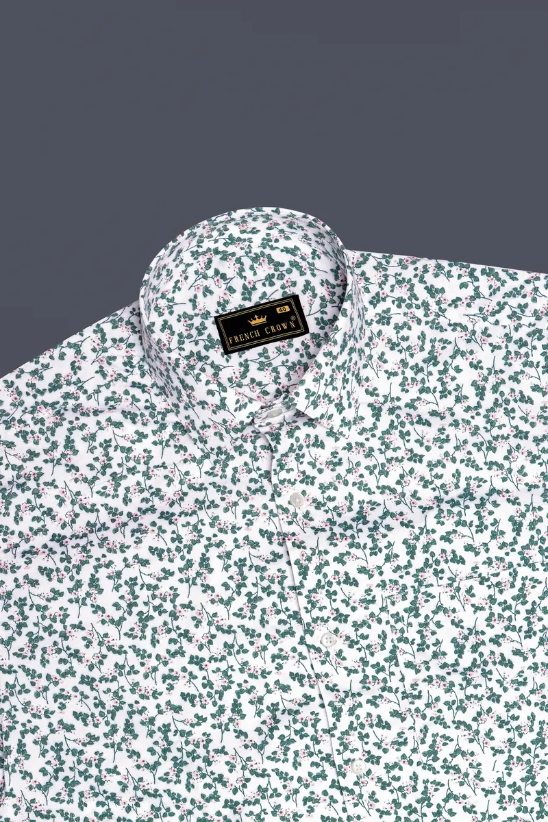 Virenza-Bright White With Spectra Green Ditsy Printed Super Soft Premium Cotton Semi Formal Shirt 5