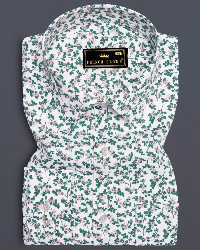 Virenza-Bright White With Spectra Green Ditsy Printed Super Soft Premium Cotton Semi Formal Shirt 6