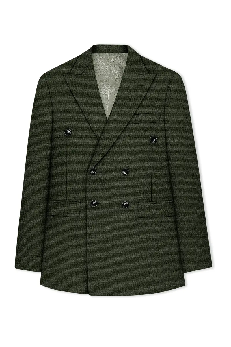 Virenza-Rangoon Green Textured Tweed Double Breasted Blazer 7