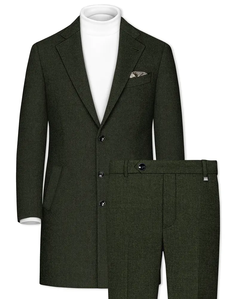 Virenza-Rangoon Green Textured Tweed Single Breasted Overcoat With Pant 1