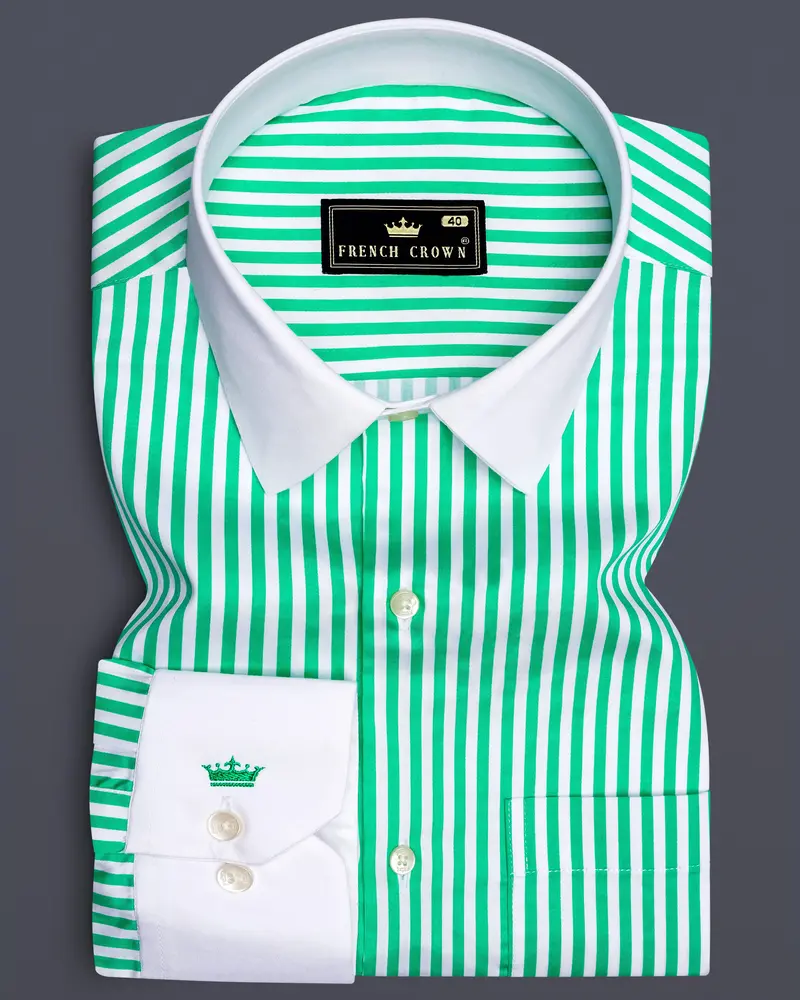 Virenza-Tealish Green And Bright White Candy Striped Subtle Sheen Super Soft Premium Cotton Cuff Collar Dress Shirt 1