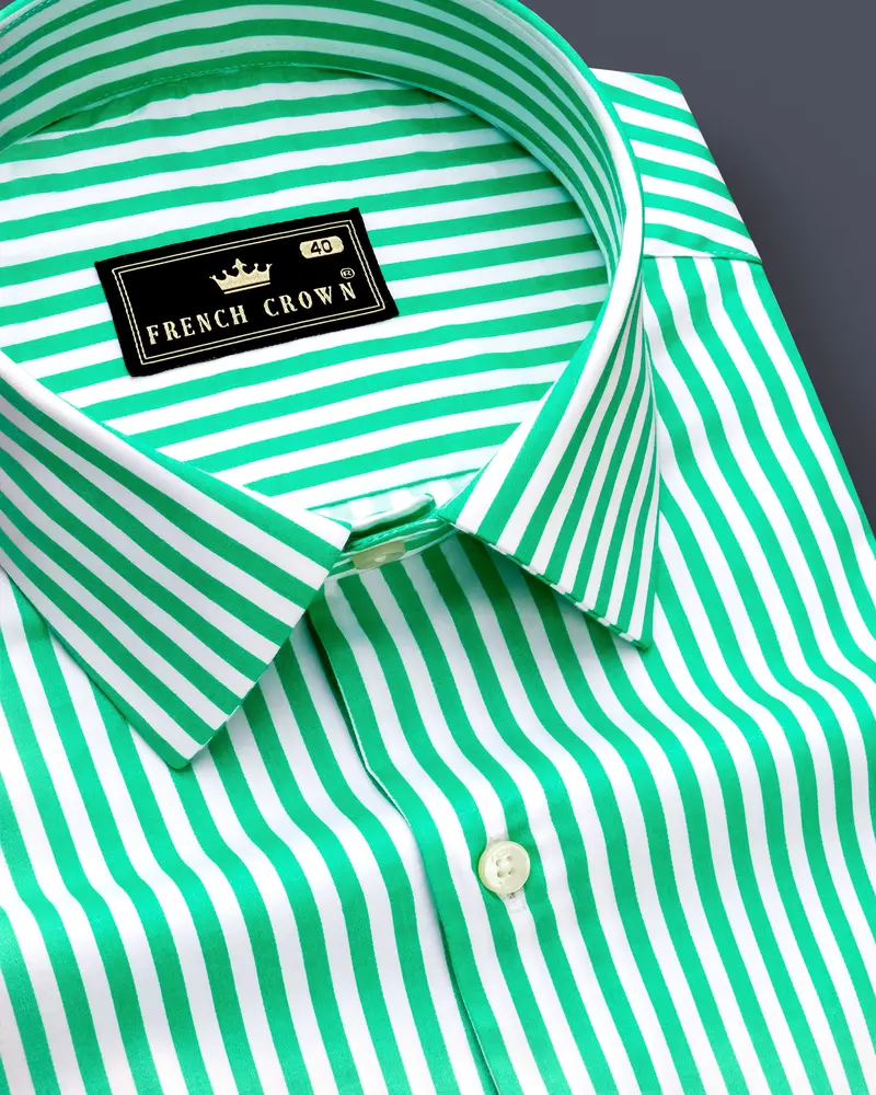 Virenza-Tealish Green And Bright White Candy Striped Subtle Sheen Super Soft Premium Cotton Dress Shirt 1